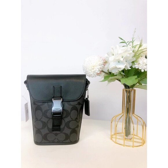 Coach C3134 Track Small Flap Crossbody In Signature Canvas In Gunmetal/Charcoal - Picture 2 of 8